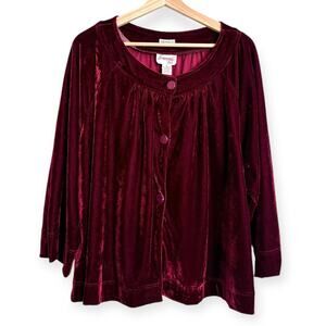 Joanna Plus Cherry Red Stretch Velvet Button Front Boat Neck Blouse Women's 1X